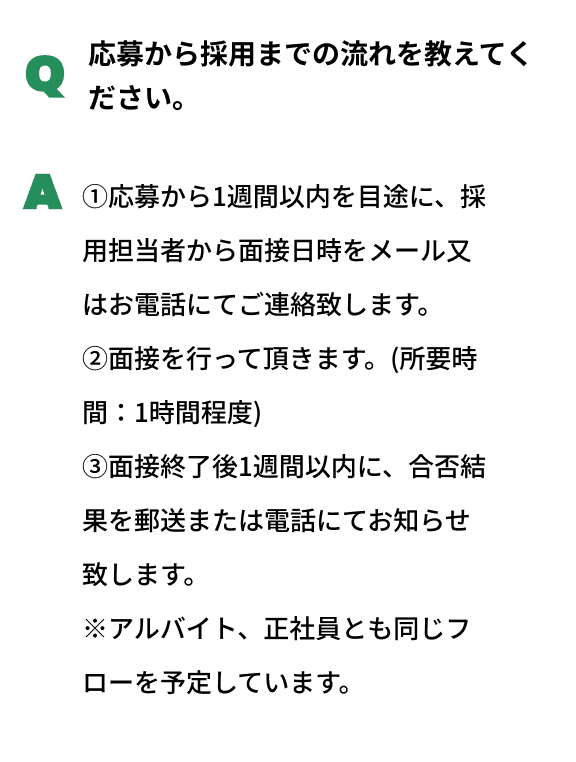 Q応募から採用までの流れを教えてください。A①応募から1週間以内を目途に、採用担当者から面接日時をメール又はお電話にてご連絡致します。②面接を行って頂きます。(所要時間：1時間程度)③面接終了後1週間以内に、合否結果を郵送または電話にてお知らせ致します。