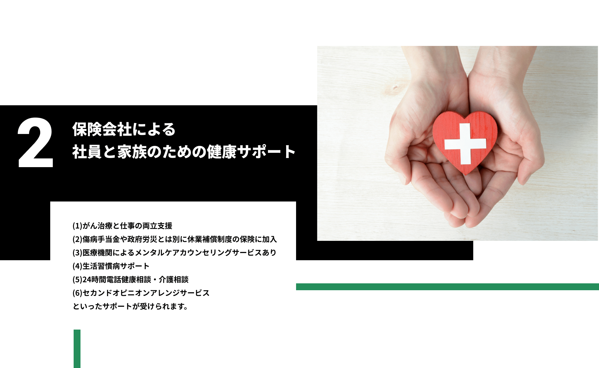 2保険会社による 社員と家族のための健康サポート(1)がん治療と仕事の両立支援 (2)傷病手当金や政府労災とは別に休業補償制度の保険に加入 (3)医療機関によるメンタルケアカウンセリングサービスあり (4)生活習慣病サポート (5)24時間電話健康相談・介護相談 (6)セカンドオピニオンアレンジサービス といったサポートが受けられます。